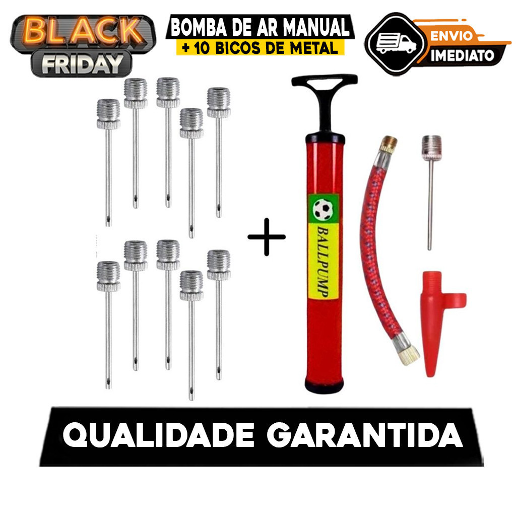 Bomba de Ar Manual com Acessórios + 10 Bicos de Metal para Encher Bolas e Bico Encher Infláveis