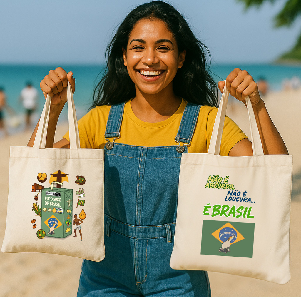 ECOBAG ESTAMPADA TEMA BRASIL- 100% algodão cru, 32X38, ALÇA REFORÇADA em Oferta na Shopee