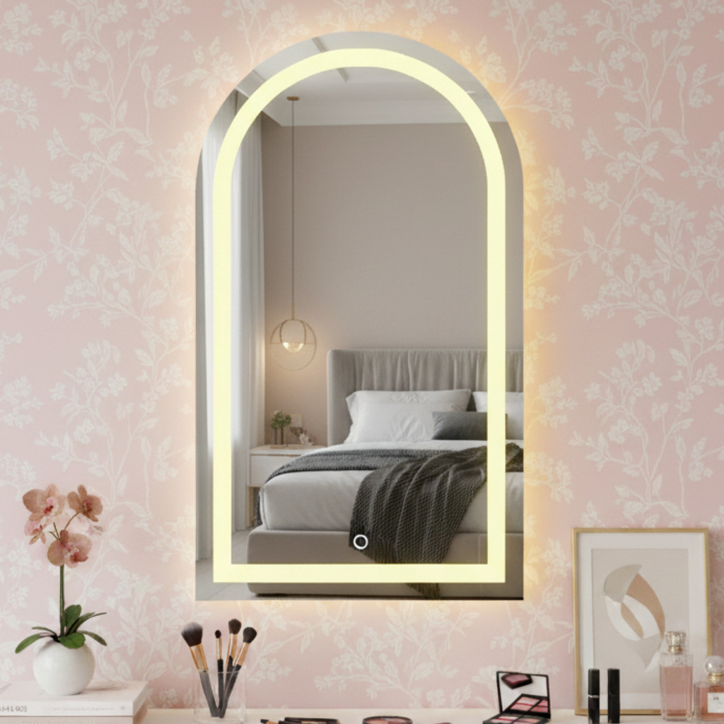 Espelho Arco Lapide 90x70 Jateado Base Reto C/ Led 3 Cores E Touch Camarim Lavabo Closet