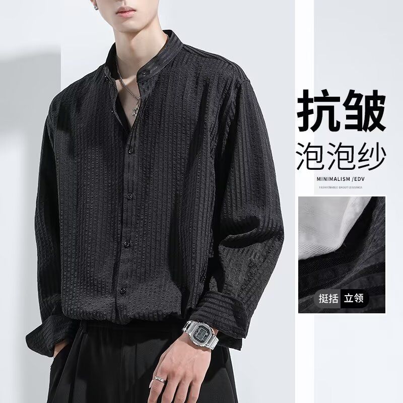 Seersucker camisa de manga comprida masculina primavera outono novo estilo preto gola alta camisa masculina solta Casual