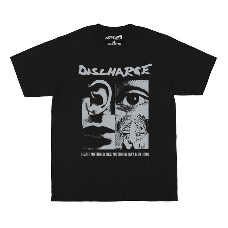 Music Soul Camiseta Unissex Discharge Hear Nothing Hardcore Punk Algodão Lavado Estampada Confortável Autêntica Retrô