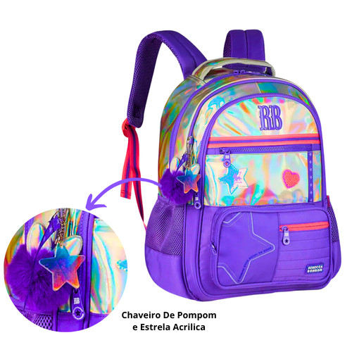 Kit Mochila de Costas e Lancheira Rebecca Bonbon Holo Shine - Clio Style Cor:Roxo · foto 2