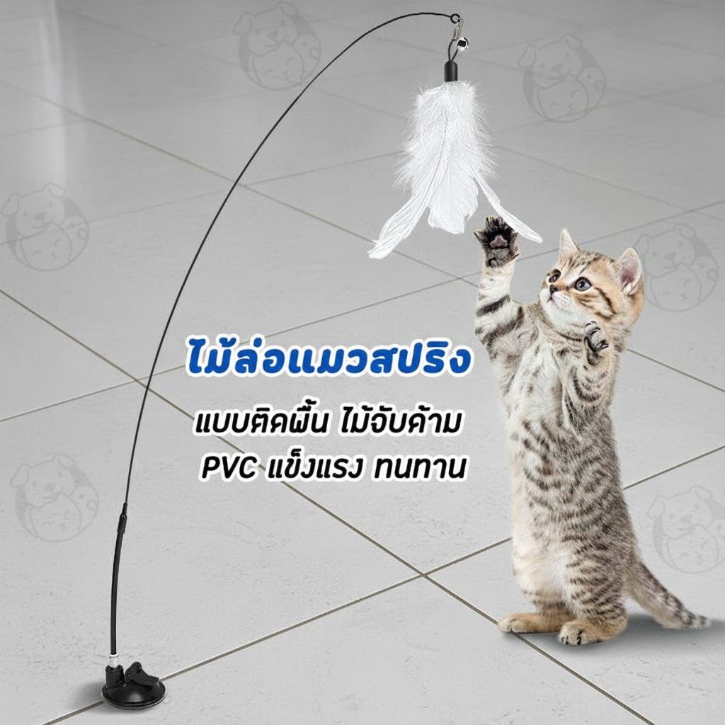 ของเล่นแมว ไม้ตกแมวพร้อมขนนกและกระดิ่ง รุ่นฐานดูดติดพื้น/กระจก ราคาถูก พร้อมส่ง - ภาพที่ 6