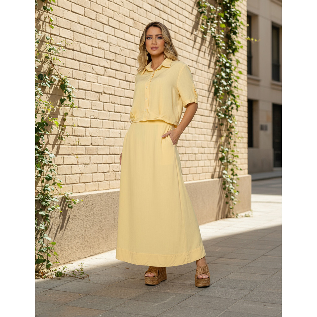 Conjunto Feminino Jaqueline Saia Longa Forrada Blusa Viscolinho Moda Evangélica
