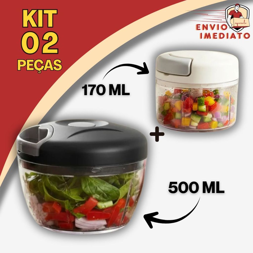 kit 2 Processador Manual 500ml e 170ml Triturador Cortador de Alimentos Para Cortar Alho Cebola