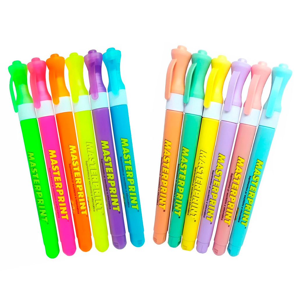Kit 12 Canetas Marca Texto Slim Masterprint Neon + Pastel