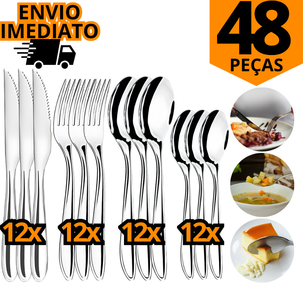 Kit Jogo Talheres Talher Inox 48 Peças Garfo Faca Serra Colher Mesa Colher So...