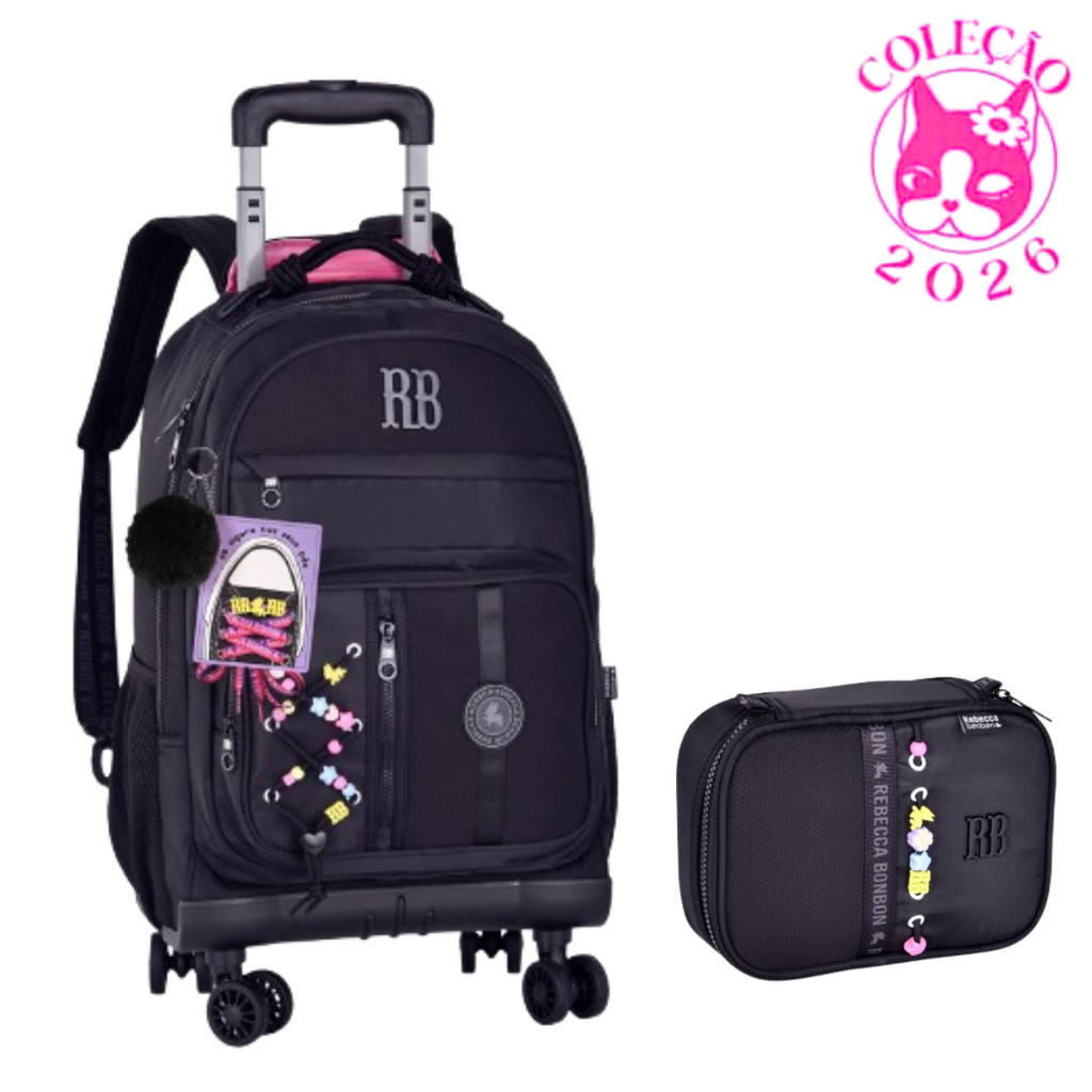 Kit Mochila de Rodinhas 360º Com par de Cadarços e Estojo Rebecca Bonbon Beaded Fun Cor:Preto