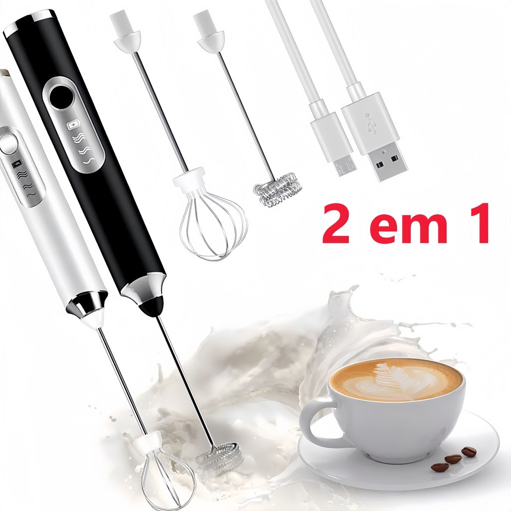 Batedor Elétrico 2 em 1 Ideal para Bebidas, Leite, Café e Clara de Ovo (Potente e Versátil)