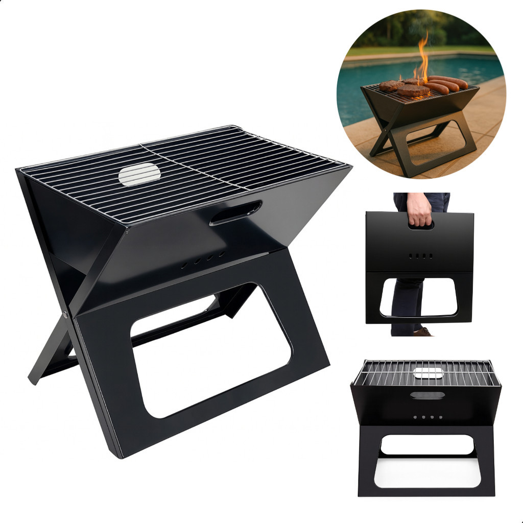 Churrasqueira Dobrável Portátil Aço Inox A Carvão Maleta