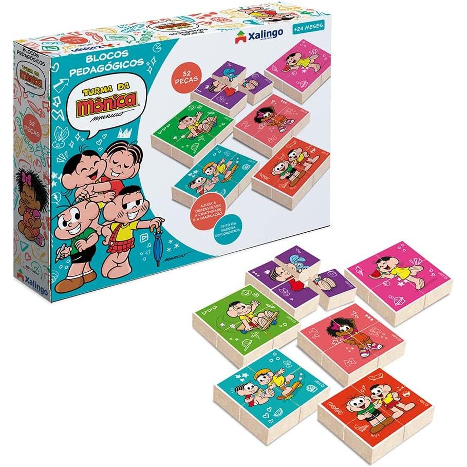 Brinquedo Interativo Blocos Pedagógicos Turma da Monica 32 peças Xalingo Bloco de Montar Xalingo