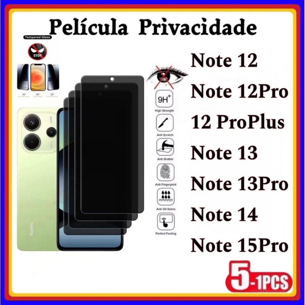 Película de Privacidade 3D Vidro Temperado Anti Spy XIAOMI Redmi Note 15Pro Note 14 Note 13 13Pro Note 12 12Pro em Oferta na Shopee