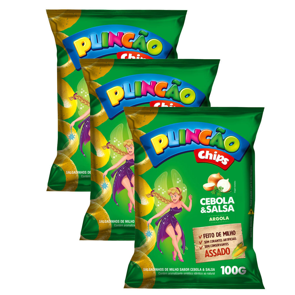 Kit 3 Salgadinho de Milho Plincão Chips Sabor Cebola e Salsa Argola 100g em Oferta na Shopee