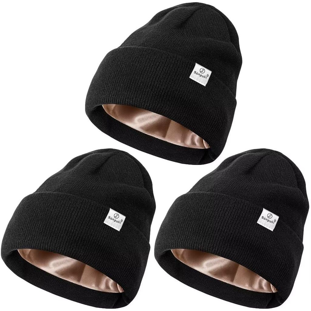 3 Pacotes de Gorros de Inverno Forrados de Cetim para Mulheres e Homens, Gorro de Malha Forrado de Seda Macio e Quente c
