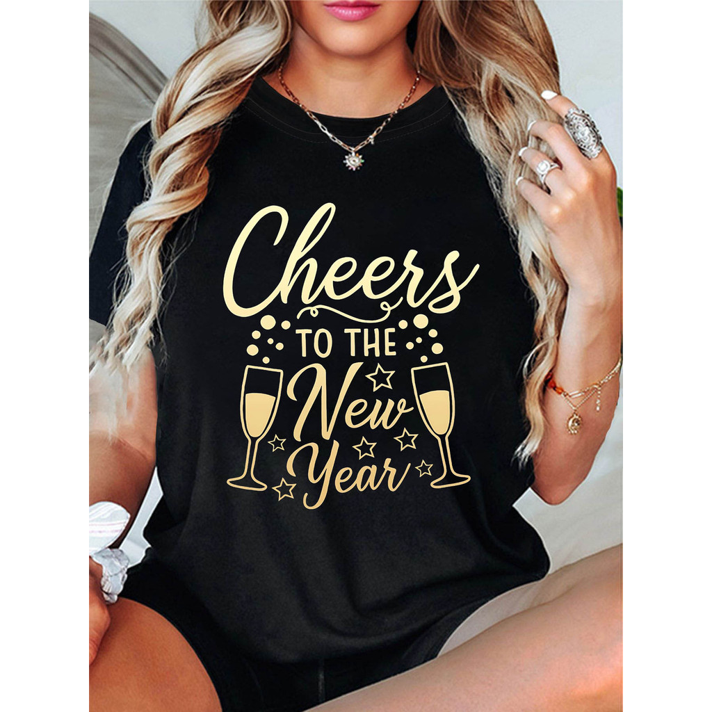 Camiseta Feminina Ano Novo Champagne Dourado Estampada Festa Estilosa Elegante Confortável Celebrações