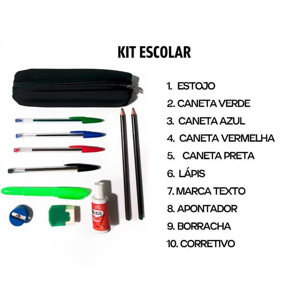 Kit Escolar Papelaria Completa Com Estojo Lápis Canetas Borracha Lista Pronta Promo