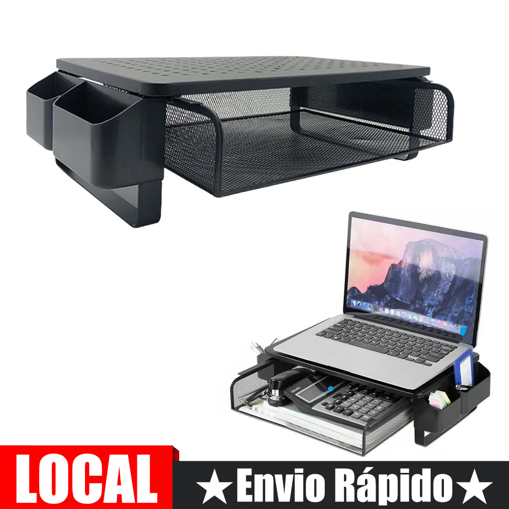 Suporte elevado para monitor de computador com gaveta de arrumação e prateleira lateral Em metal