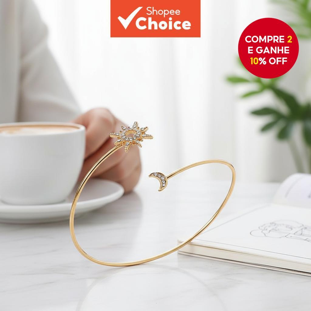  Pulseira de Sol e Lua de Metal Ajustável na Moda com Diamantes Brilhantes em Oferta na Shopee