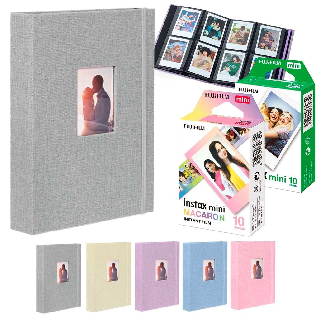Kit Albúm Cinza Para Fotos Instax + 20 Filmes Instax Mini Branco E Macaron