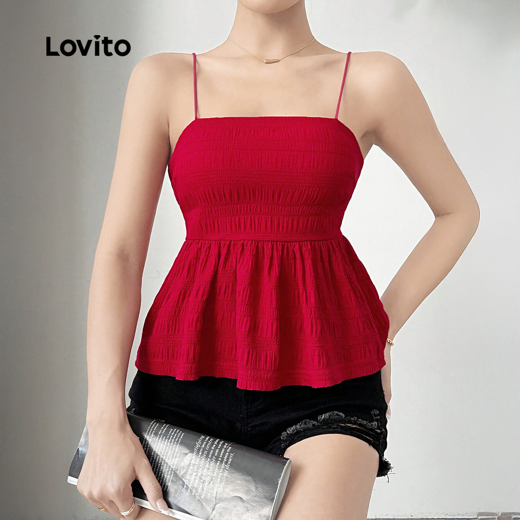 Detalhes do Lovito Blusa Elegante de Alças Ajustáveis Primavera/verão Vermelha para mulheres L157LD340