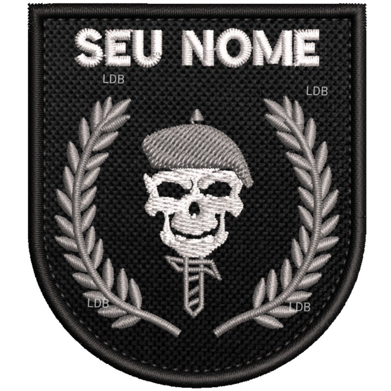 Patch bordado SEU NOME ramos cinza caveira operacional 7x6cm