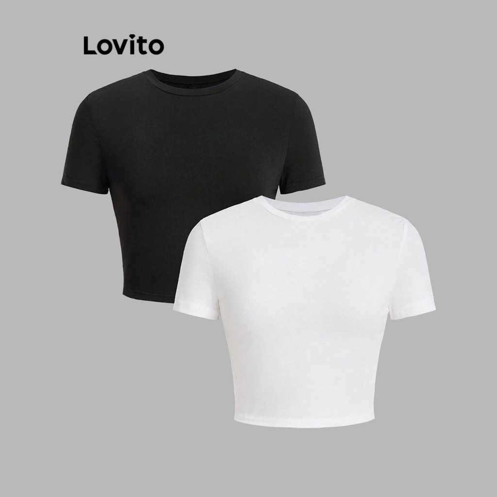 Detalhes do Lovito Blusa Cropped Feminina Lisa Casual Básico L80ED368