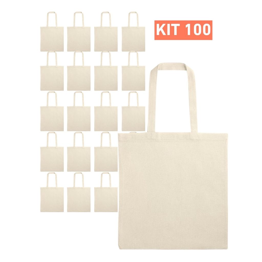 Kit 100 Sacolas Ecobag Ecológica 37x41cm em Algodão Cru Lisa Supermercado Compras Feira Lavável Durável