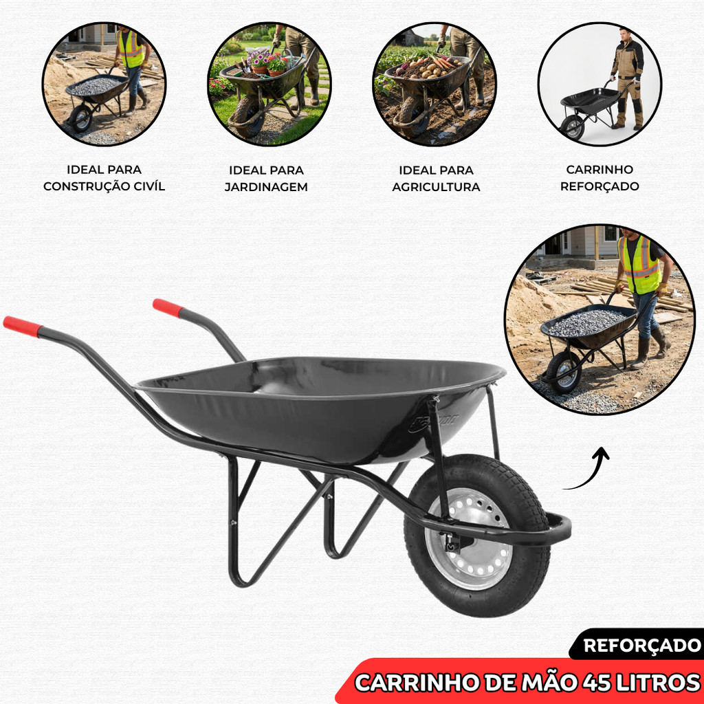 Carrinho de Mão 45 Litros Resistente 100Kg Construção Preto