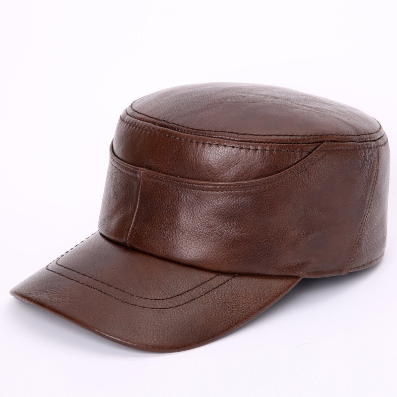 Boné Masculino de Couro Genuíno Clássico Retro Militar, Boné Plano para Outono Inverno, 100% Couro de Vaca, Boné de Beis