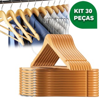 Kit 30 Cabides De Madeira Premium Marfim Para Roupas Calça Gancho Cromado em Oferta na Shopee
