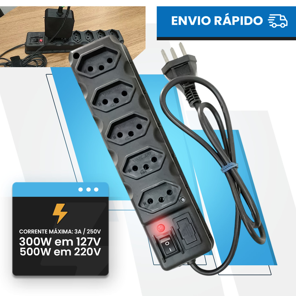 FILTRO DE LINHA RÉGUA DE TOMADAS 6, 5, 4 e 3 tomadas tripolar 10 Amperes com fusível Extensão