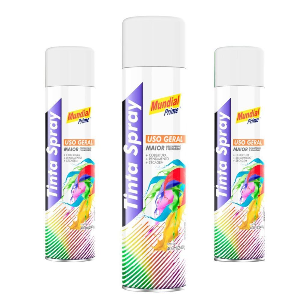 Kit 3 Tinta Spray Mundial Prime Branco Semi Brilhante – 400ml