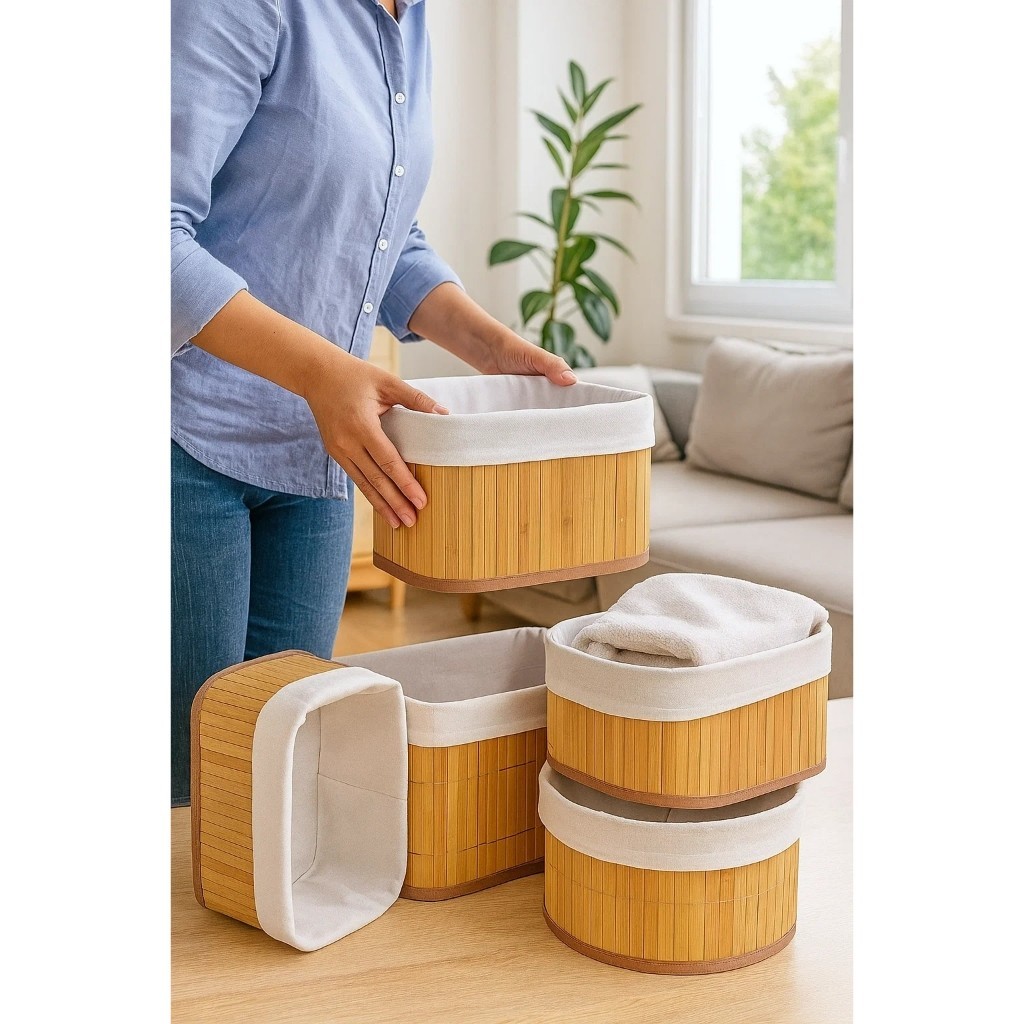 Conjunto 4 Cestos Organizadores Bambu Decoração Madeira Recipiente Vasilha Caixa Servir Pão Produto
