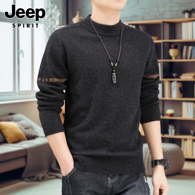 JEEP SPIRIT Suéter Masculino 2026 Outono Inverno Suéter de Lã Pura Meia Gola Alta Suéter Casual Masculino