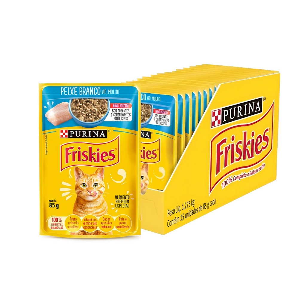 Kit 15 Ração Úmida Purina Friskies Sachê para Gatos Adultos sabor Peixe Branco 85g