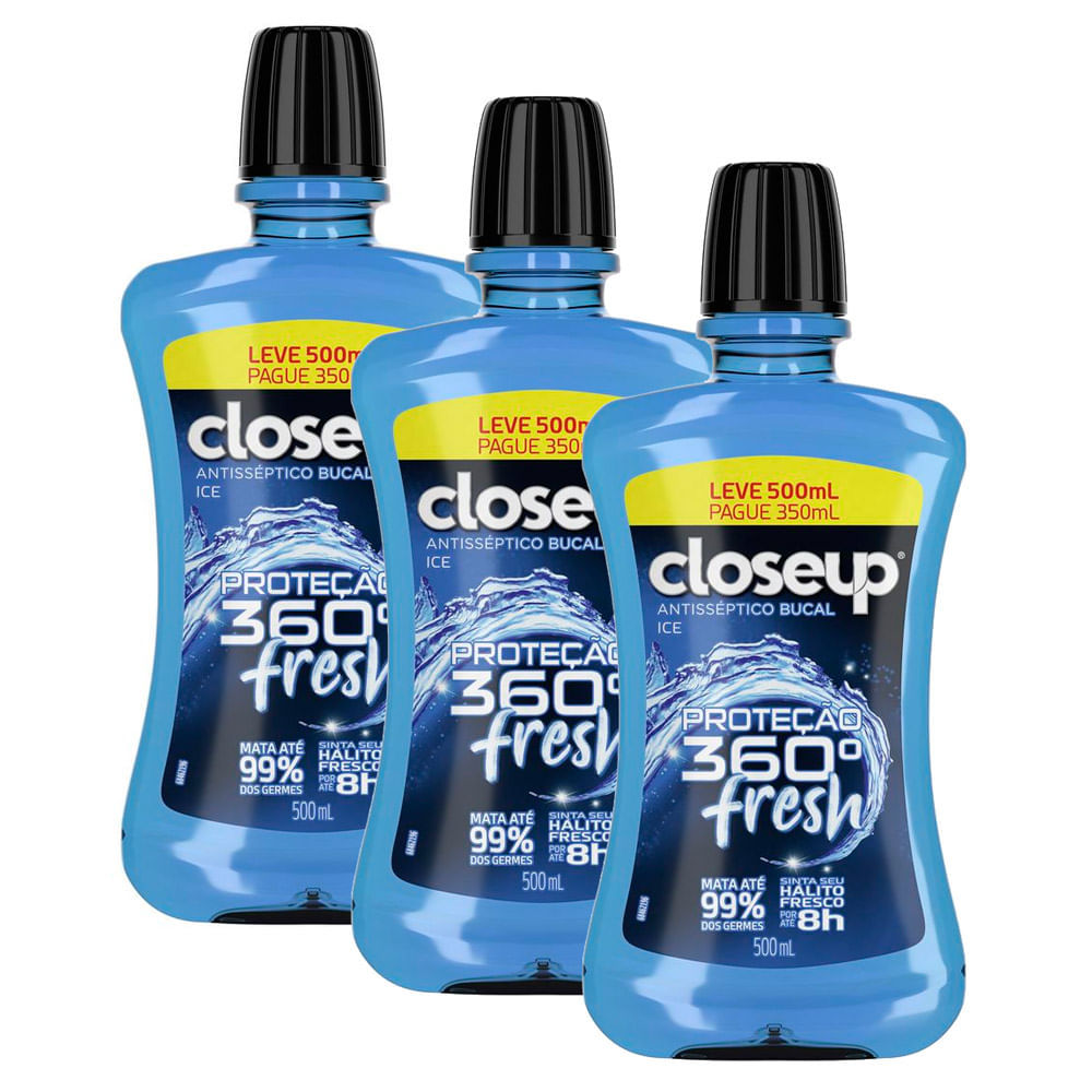 Kit 3 Antisséptico Bucal Closeup Ice com Álcool 500ml em Oferta na Shopee