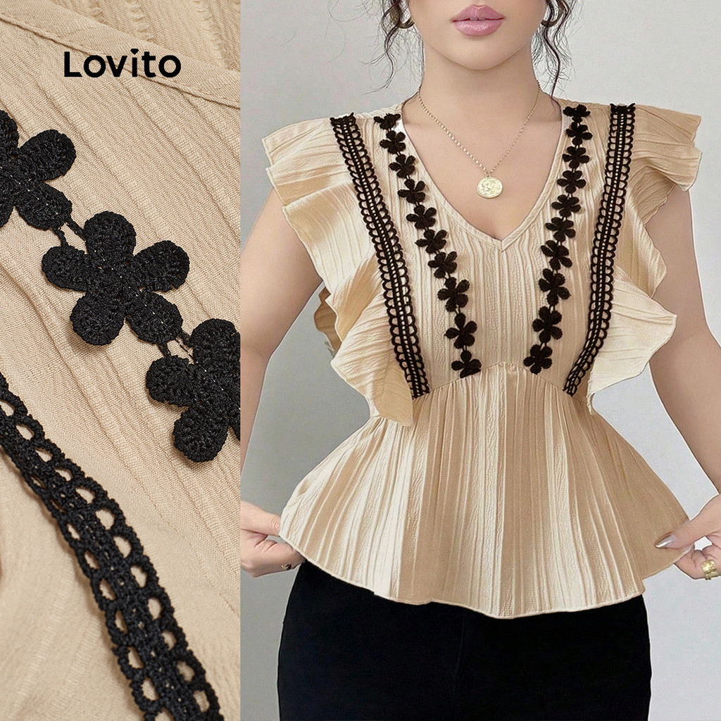 Lovito Blusa Casual Bordada Com Gola Franzida Cor Cáqui Para Mulheres Ideal Para a Primavera/verão L157ED114 em Oferta na Shopee