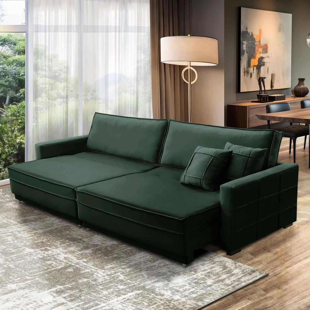 Sofá Cama Retrátil e Reclinável 2,30m com Molas Karen Veludo Verde Adonai Estofados em Oferta na Shopee
