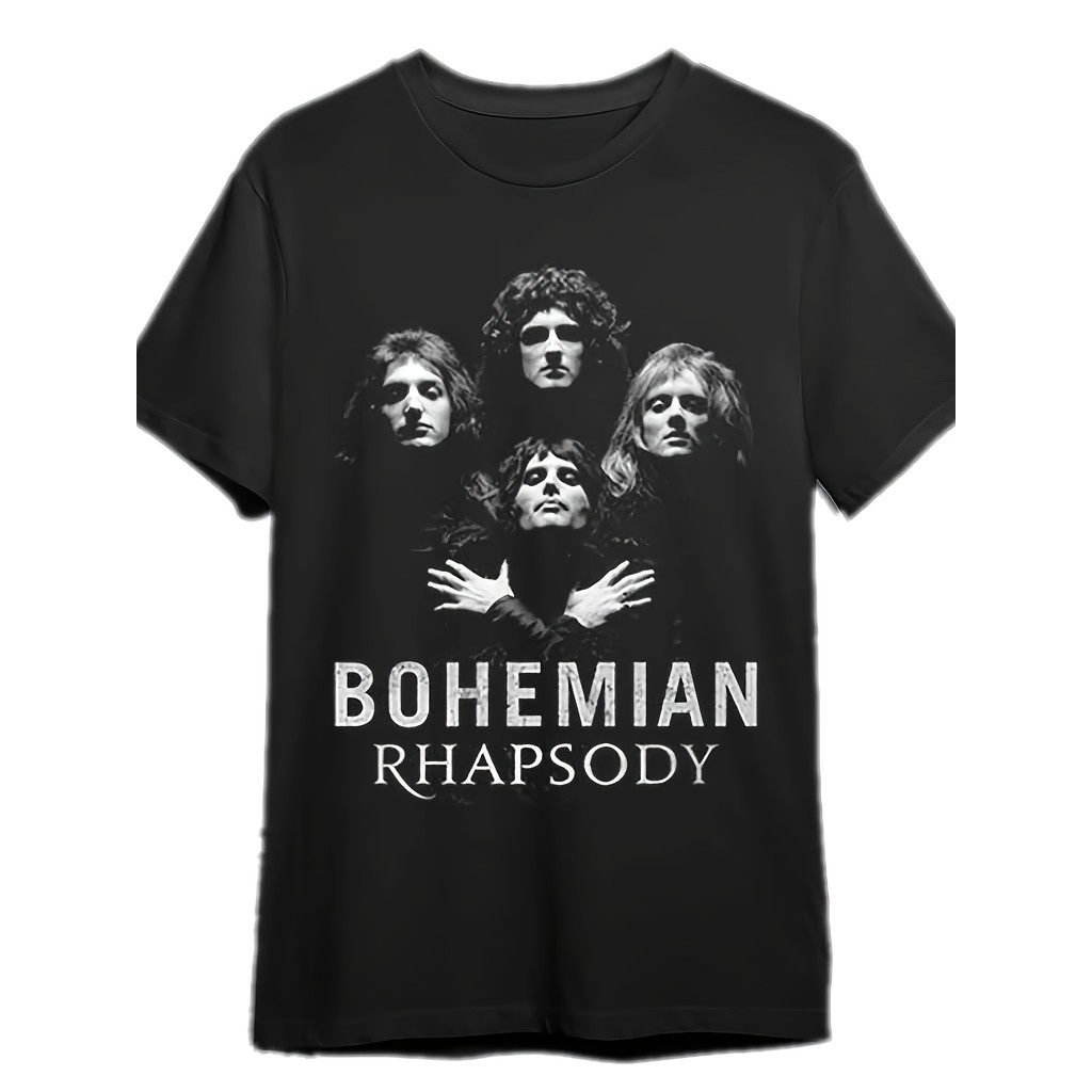 Camiseta Masculina Queen Bohemian Rhapsody Retrato Banda Rock Estampada Preta Confortável Estilosa Divertida Concertos