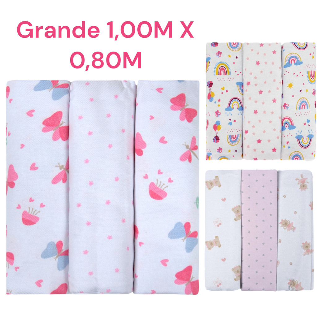 Kit 3 Cueiros Grande 1,00 M X 0,80M Bebê Estampado 100% Algodão Bublim Feminino