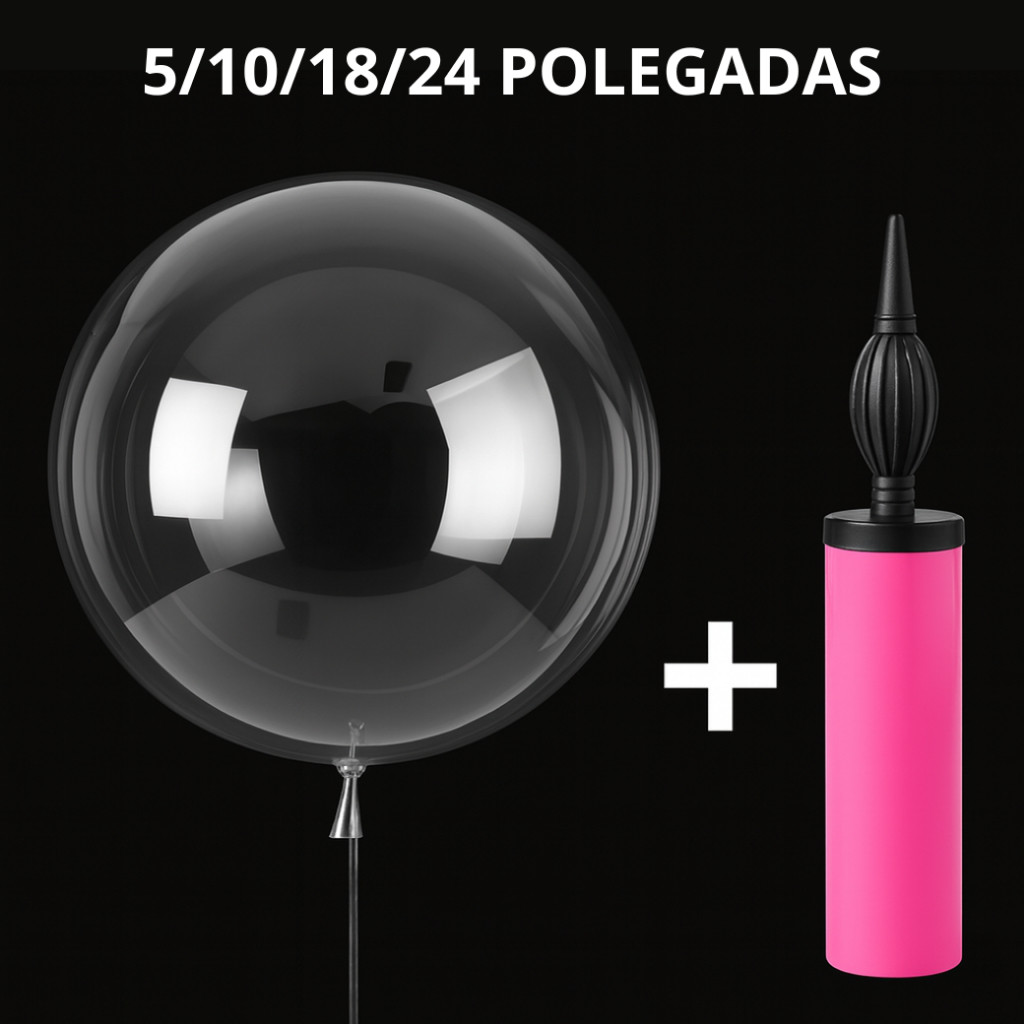 50un Balão Bubble 5/10/18/24 Pol + Brinde (Bomba de Ar Manual) – Bobo Transparente - Decoração Festa