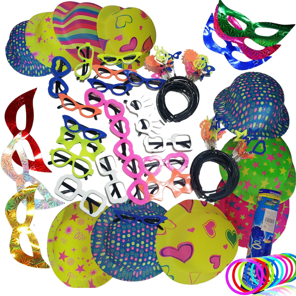 Mega Kit 210 Balada Festas Tiaras Óculos Pulseiras Carnaval Neon Tiaras, Óculos e Pulseiras | Animação Total