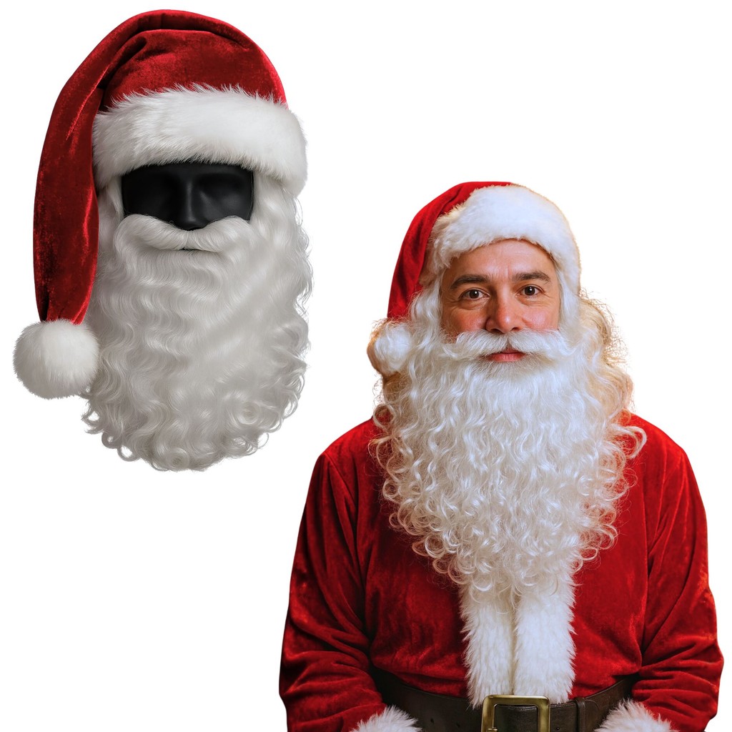 Kit Fantasia Papai Noel Peruca Barba Longa Branca Gorro Vermelho Veludo Macio Premium Traje Luxo