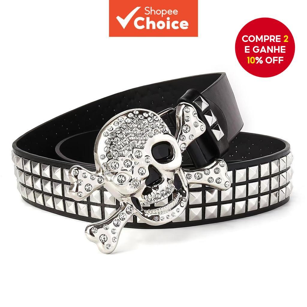 Cabeça De Caveira Punk Cinto Pirâmide Studs Contas Quadradas Rebite Gótico Rock Hip Hop Cintura Para Homens E Mulheres em Oferta na Shopee