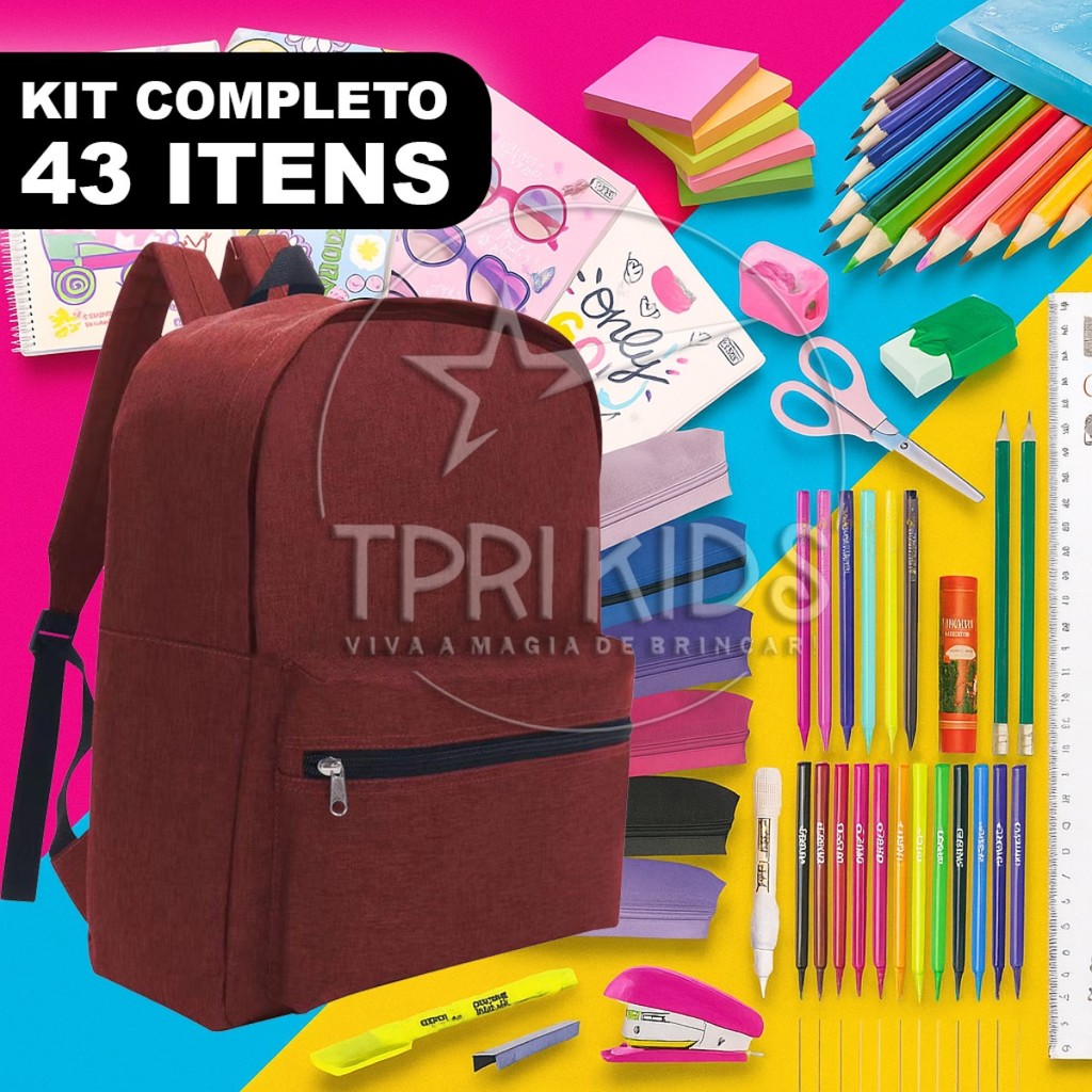 KIT MATERIAL ESCOLAR COMPLETO MOCHILA MENINA ESCOLA ESTOJO CADERNO ENSINO FUNDAMENTAL MÉDIO FACULDADE FEMININA