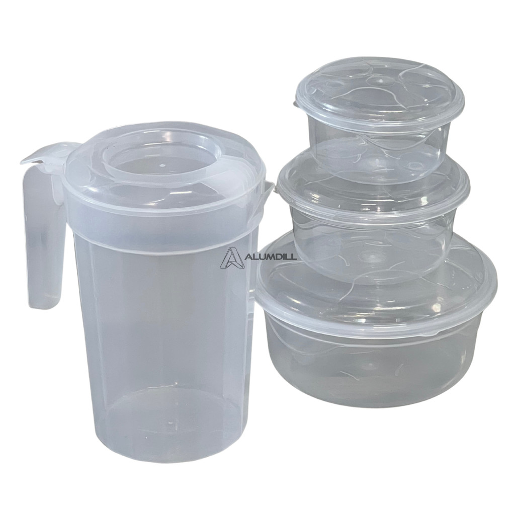 Kit 3 Peças Jarra + Potes Plásticos Redondo Plástico Transparente Cozinha Utilidades Domésticas