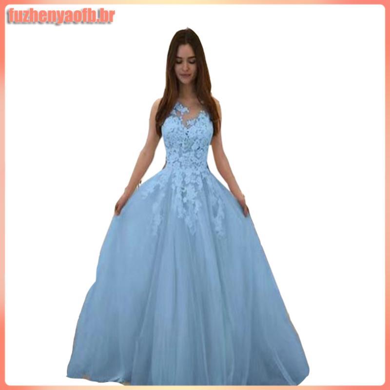 Vestido Longo Maxi Feminino Elegante de Renda Malha Sem Mangas Decote Noiva Casamento Coquetel Festa à Noite IEBS
