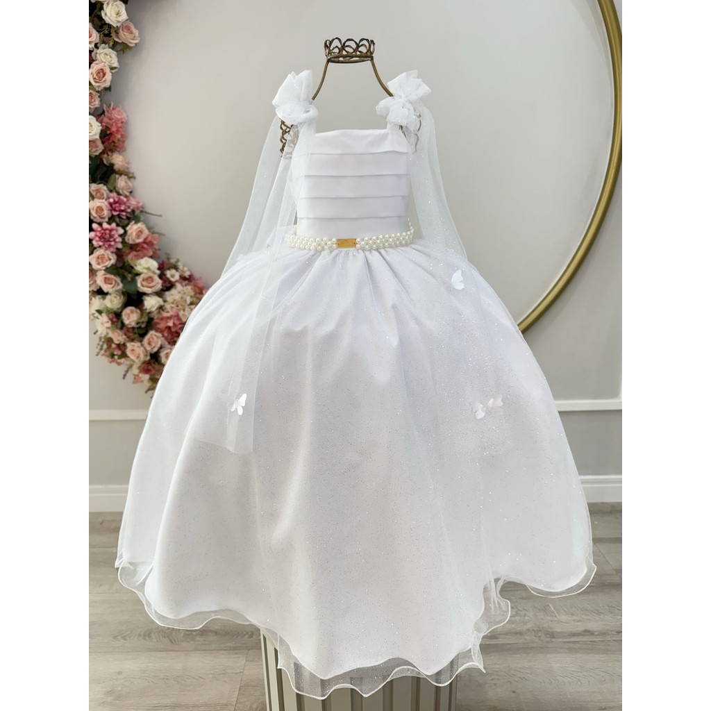 Vestido Infantil Longo Branco Borboletas Luxo Princesa Batizado em Oferta na Shopee