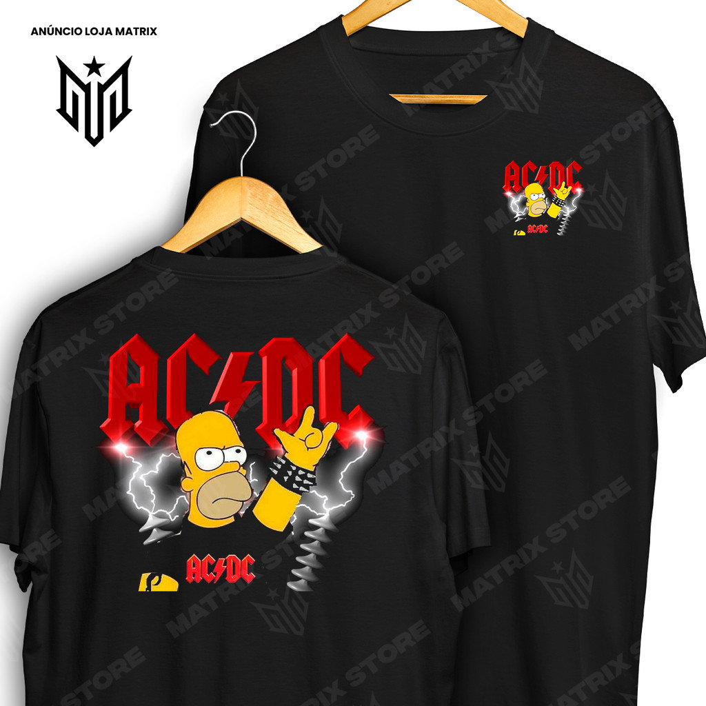 Camiseta Frente e Verso Banda ACDC Homer Simpson Rock & Roll Camisa de Banda de Rock 100% Algodão