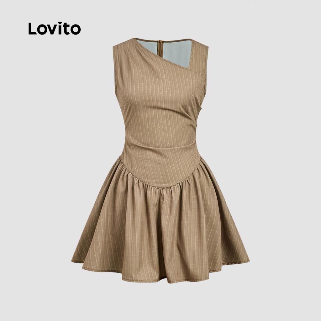 Detalhes do Lovito Vestido Elegante Assimétrico com Babado Na Borda Primavera/verão Vestido Caqui L158ED979